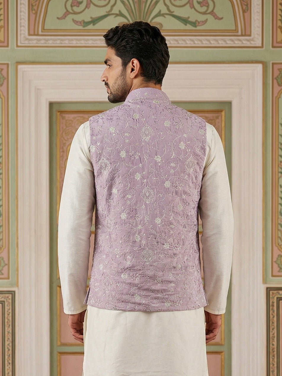Men Floral Embroidered Velvet Nehru Jacket ( ANMWC 7030Purple )