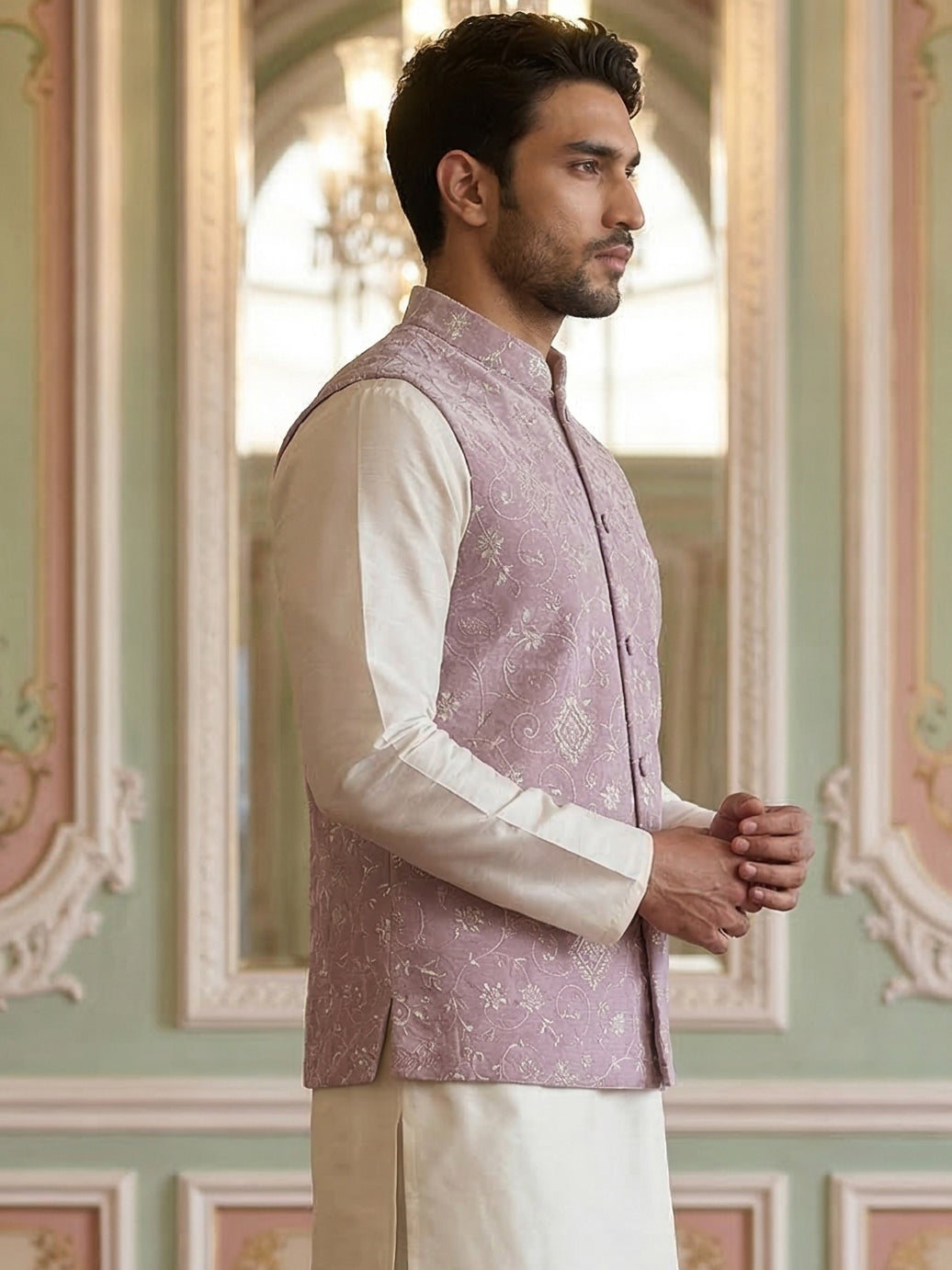 Men Floral Embroidered Velvet Nehru Jacket ( ANMWC 7030Purple )