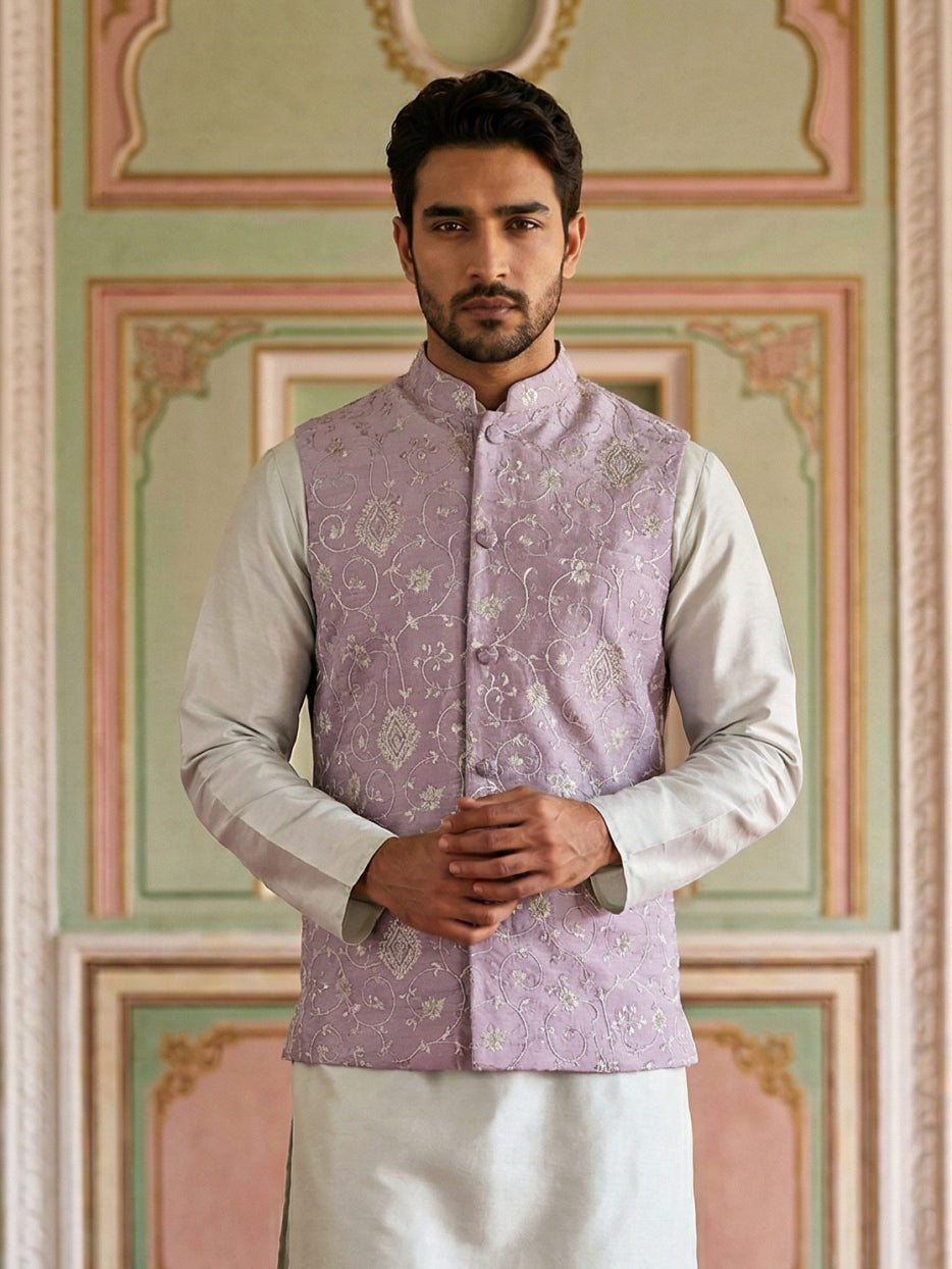 Men Floral Embroidered Velvet Nehru Jacket ( ANMWC 7030Purple )
