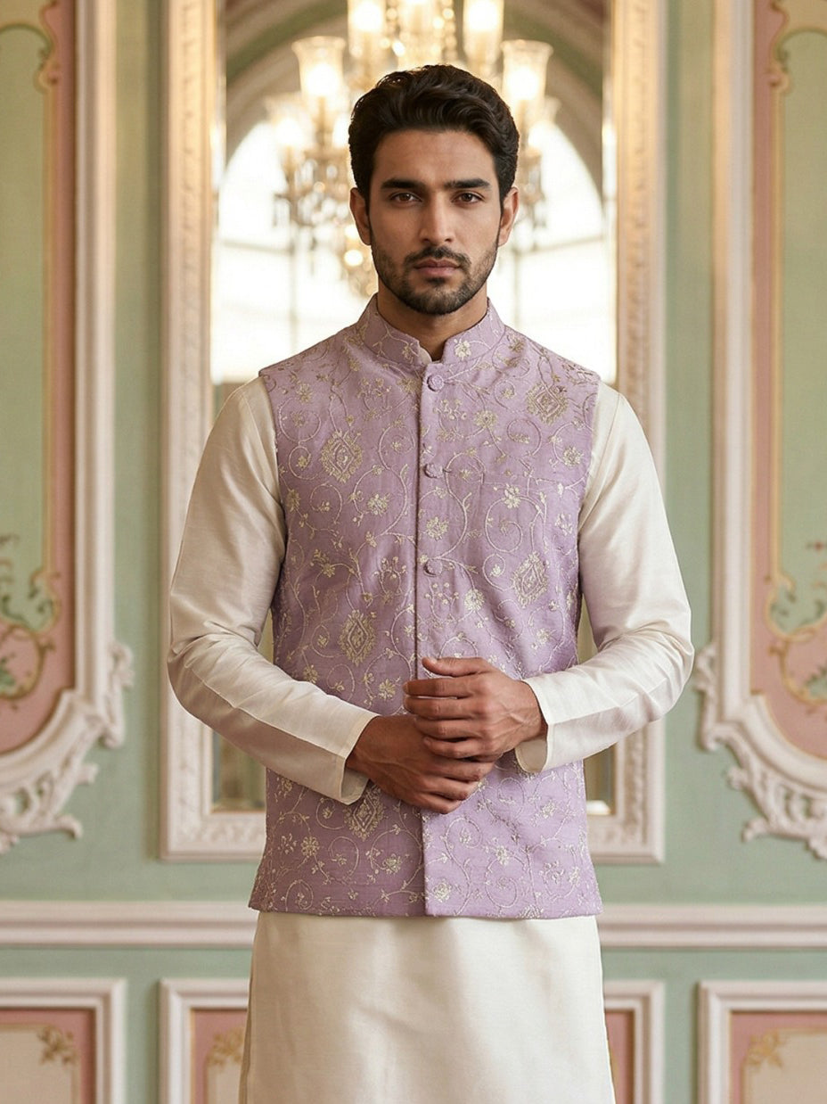 Men Floral Embroidered Velvet Nehru Jacket ( ANMWC 7030Purple )