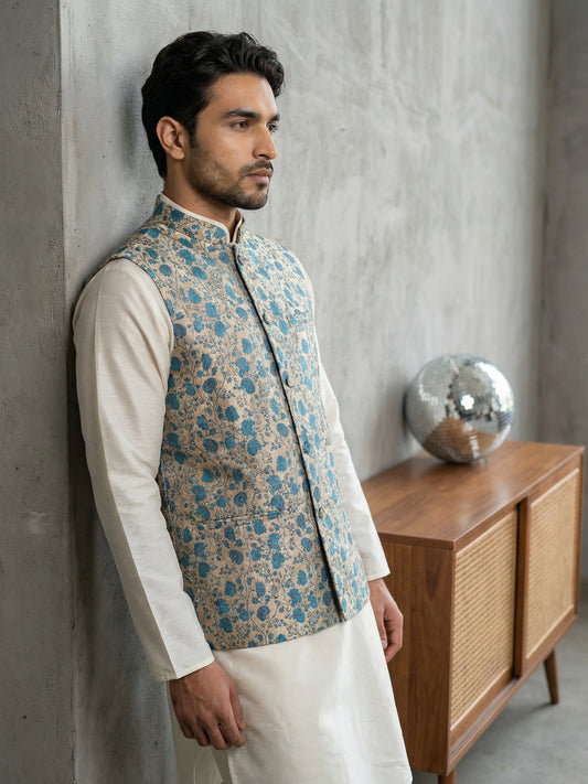 Floral Printed Silk Blend Nehru Jacket ( ANMWC 7031Blue )