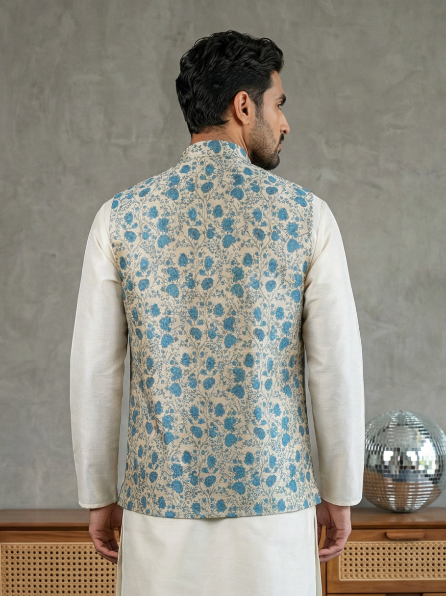 Floral Printed Silk Blend Nehru Jacket ( ANMWC 7031Blue )