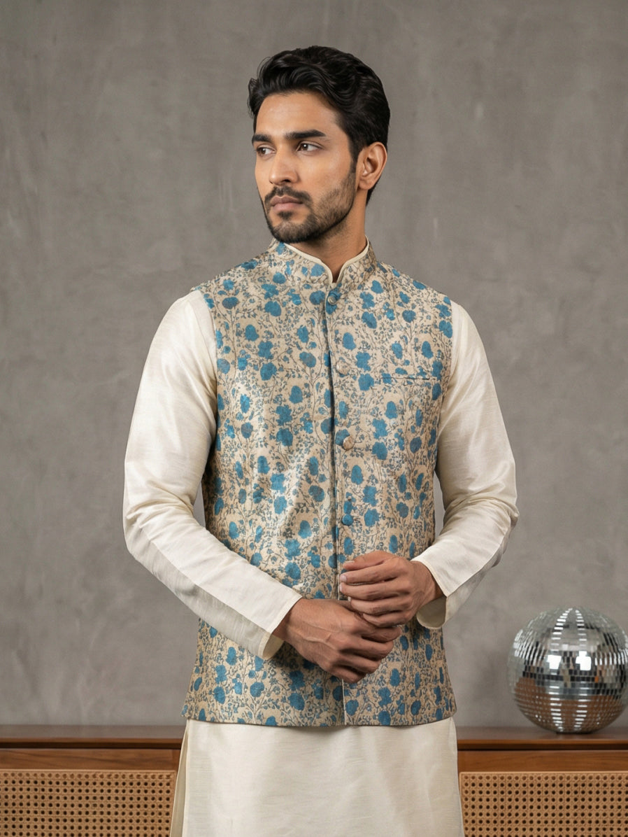 Floral Printed Silk Blend Nehru Jacket ( ANMWC 7031Blue )