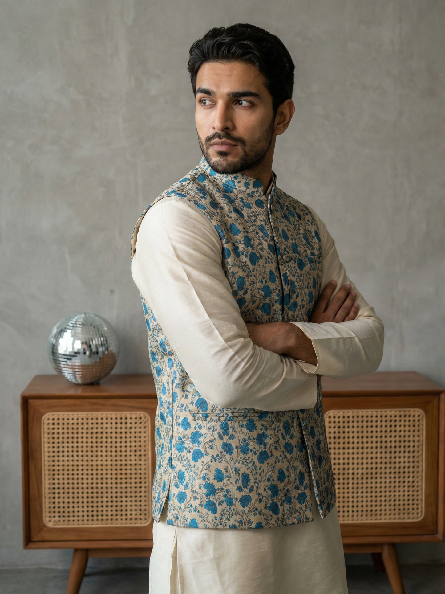 Floral Printed Silk Blend Nehru Jacket ( ANMWC 7031Blue )