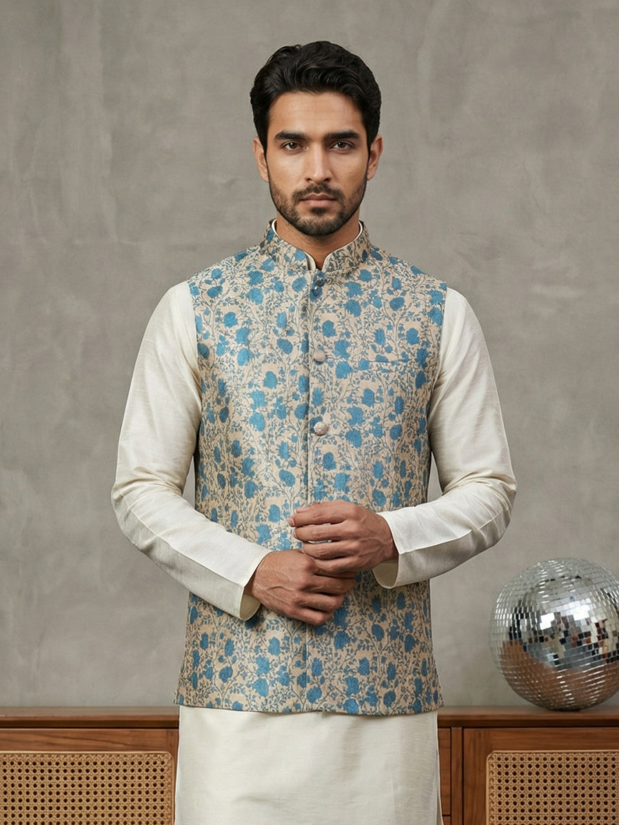 Floral Printed Silk Blend Nehru Jacket ( ANMWC 7031Blue )