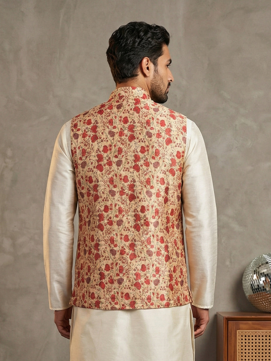 Floral Printed Silk Blend Nehru Jacket ( ANMWC 7031Red )