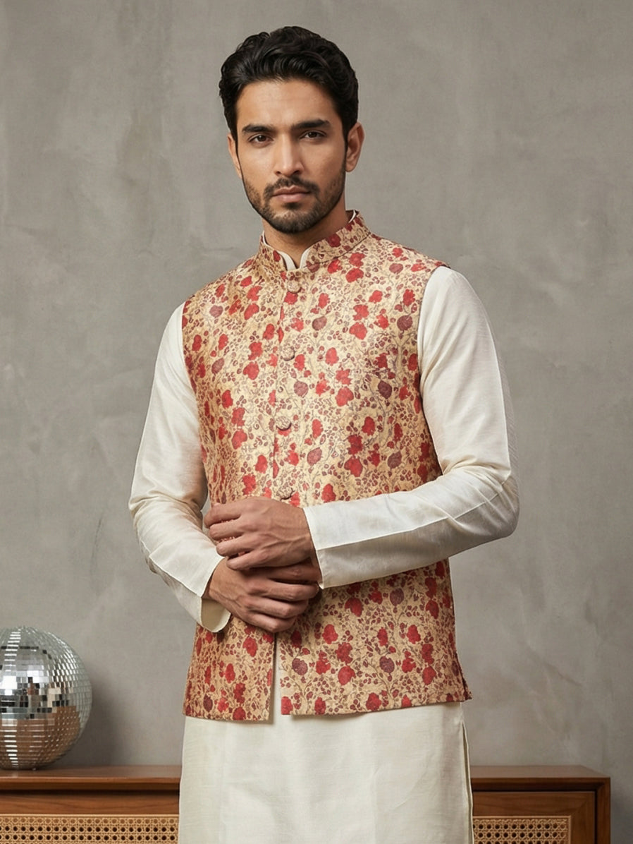 Floral Printed Silk Blend Nehru Jacket ( ANMWC 7031Red )