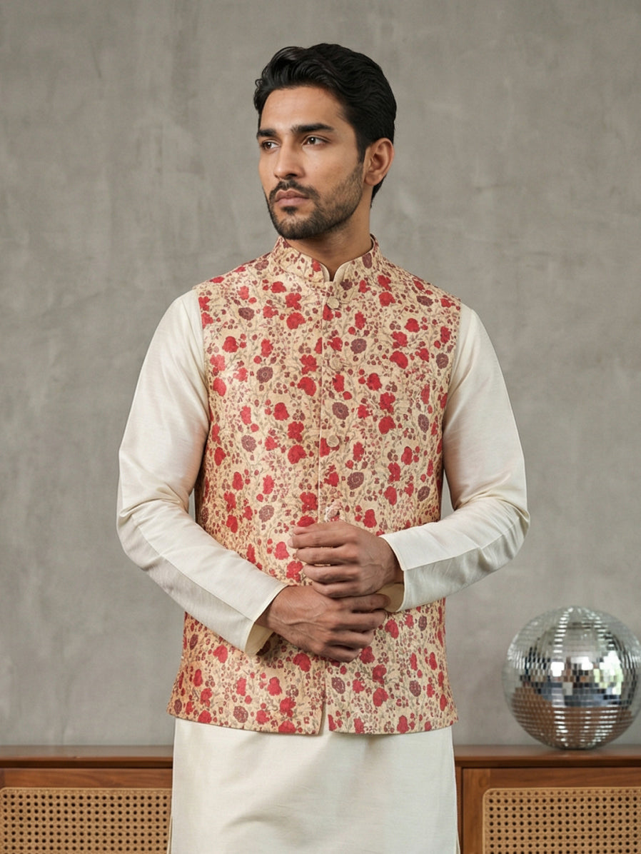 Floral Printed Silk Blend Nehru Jacket ( ANMWC 7031Red )