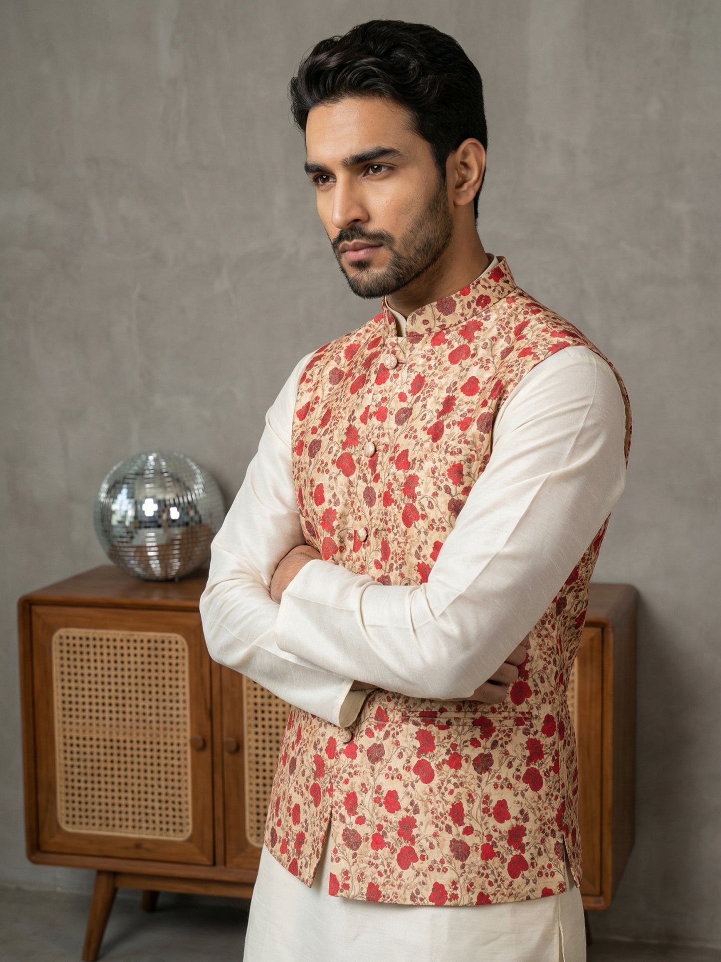 Floral Printed Silk Blend Nehru Jacket ( ANMWC 7031Red )