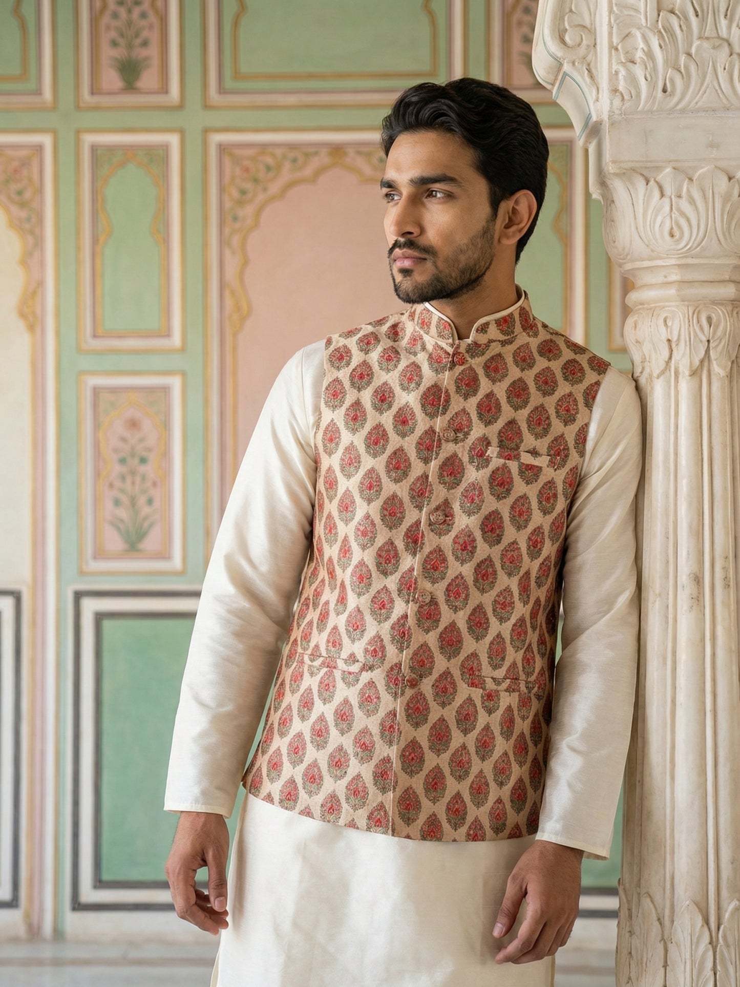 Floral Printed Silk Blend Nehru Jacket ( ANMWC 7032Red )