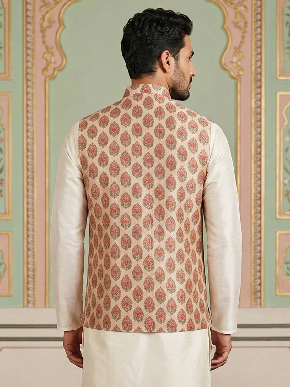 Floral Printed Silk Blend Nehru Jacket ( ANMWC 7032Red )