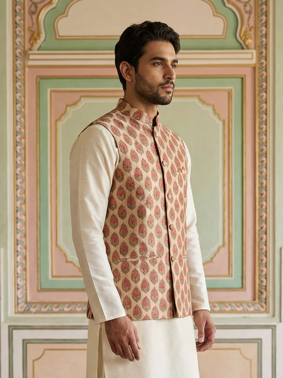 Floral Printed Silk Blend Nehru Jacket ( ANMWC 7032Red )