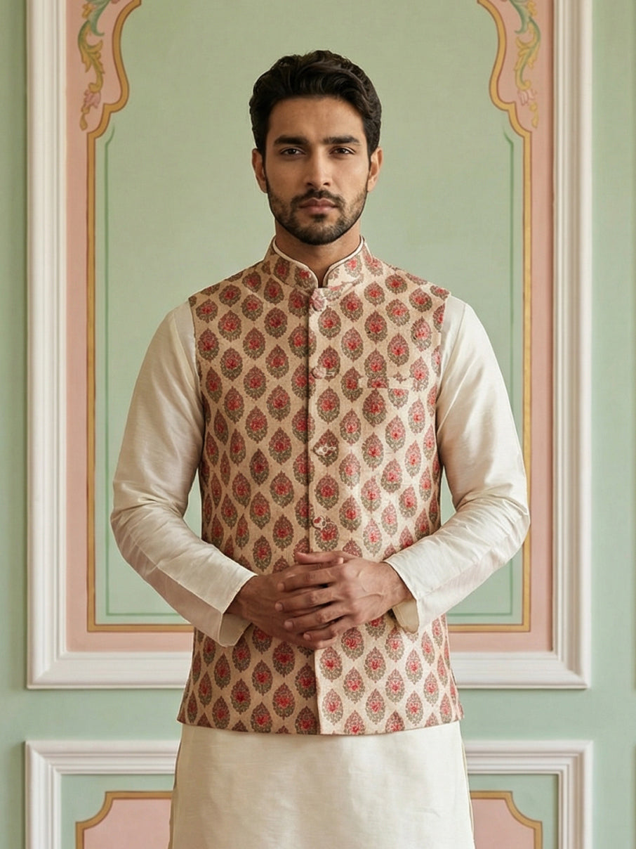 Floral Printed Silk Blend Nehru Jacket ( ANMWC 7032Red )