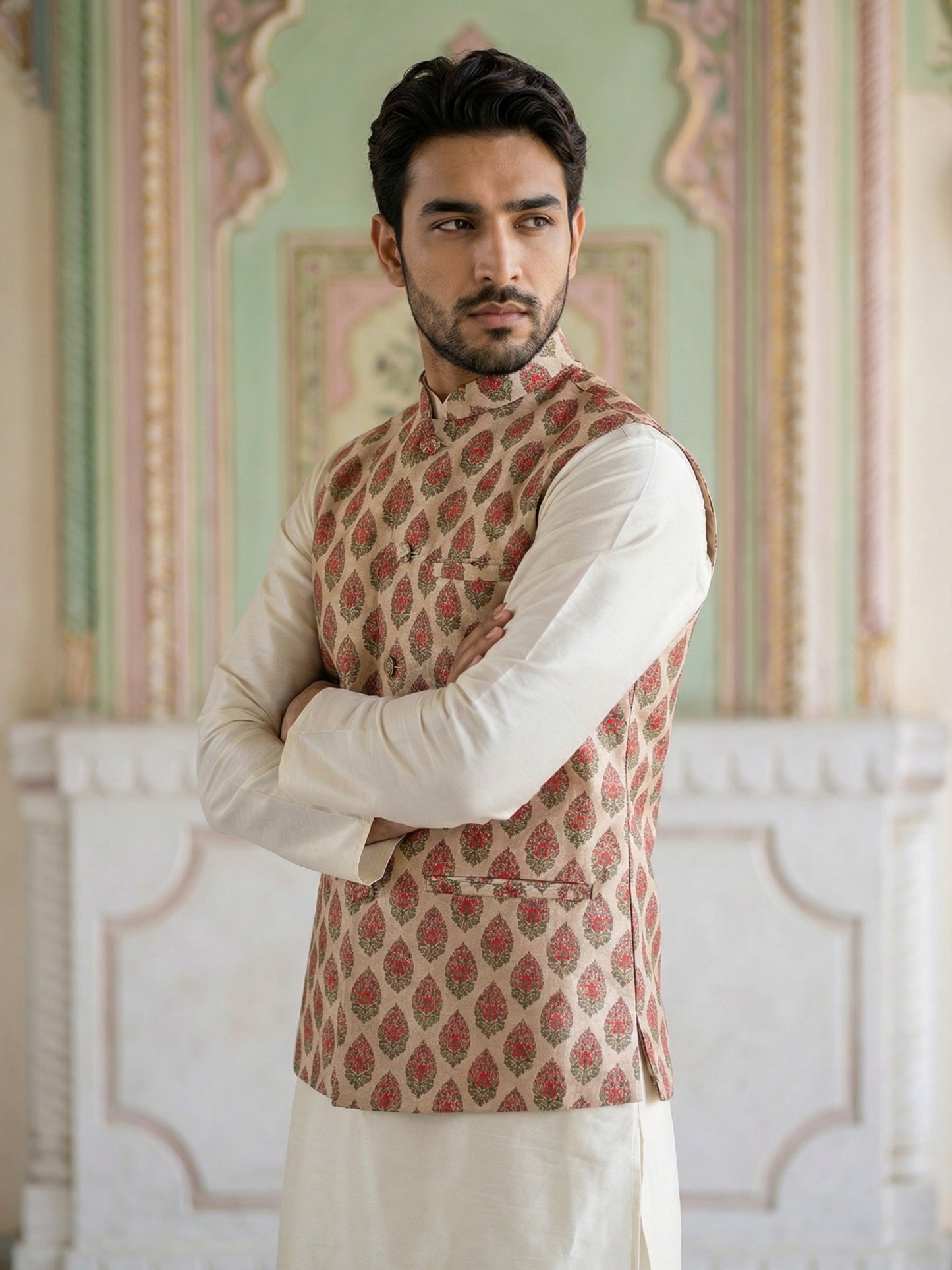 Floral Printed Silk Blend Nehru Jacket ( ANMWC 7032Red )