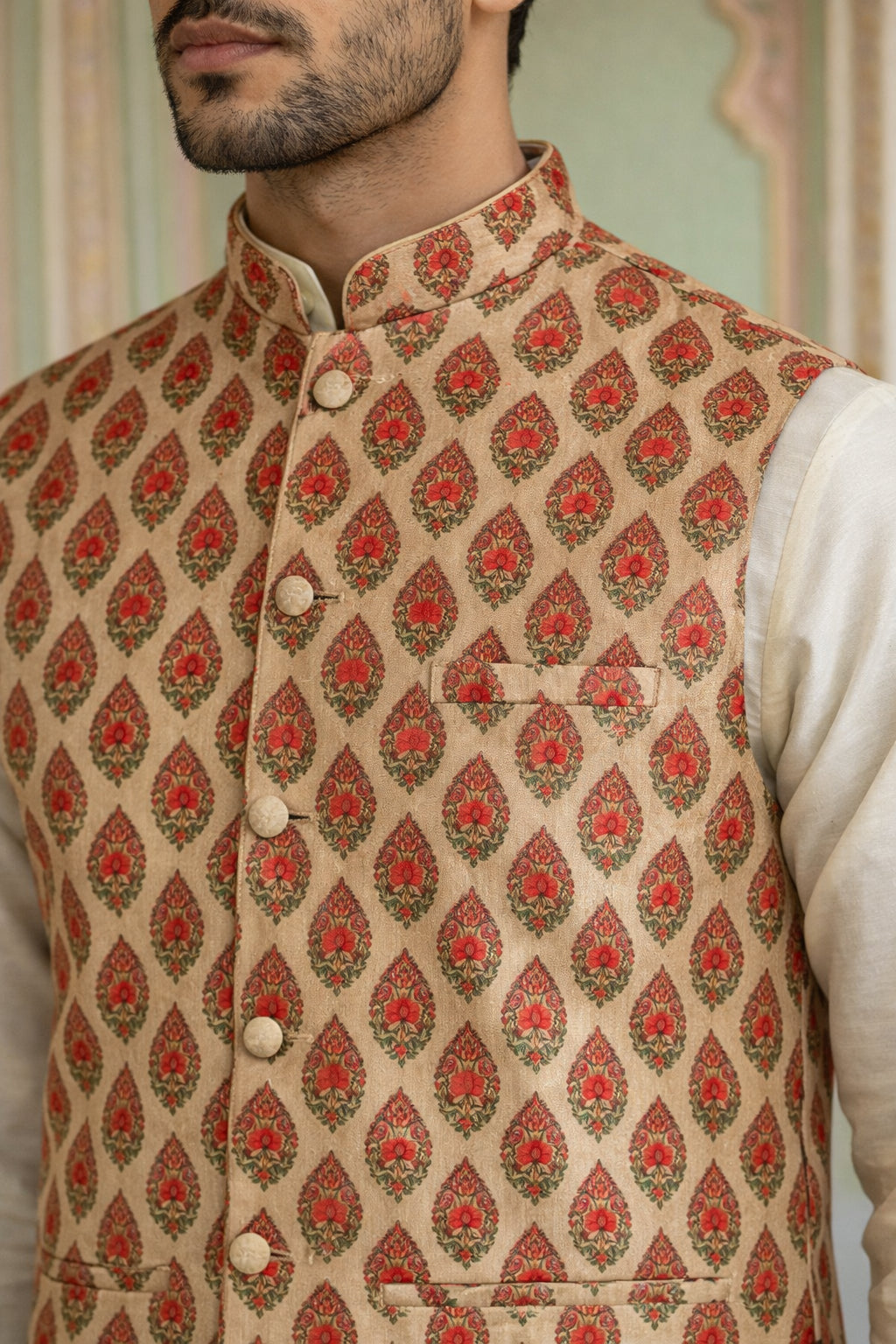 Floral Printed Silk Blend Nehru Jacket ( ANMWC 7032Red )