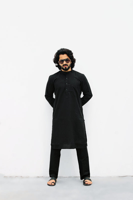 Jompers Men's Black Solid Cotton Kurta Payjama Set ( JOKP 555Black )