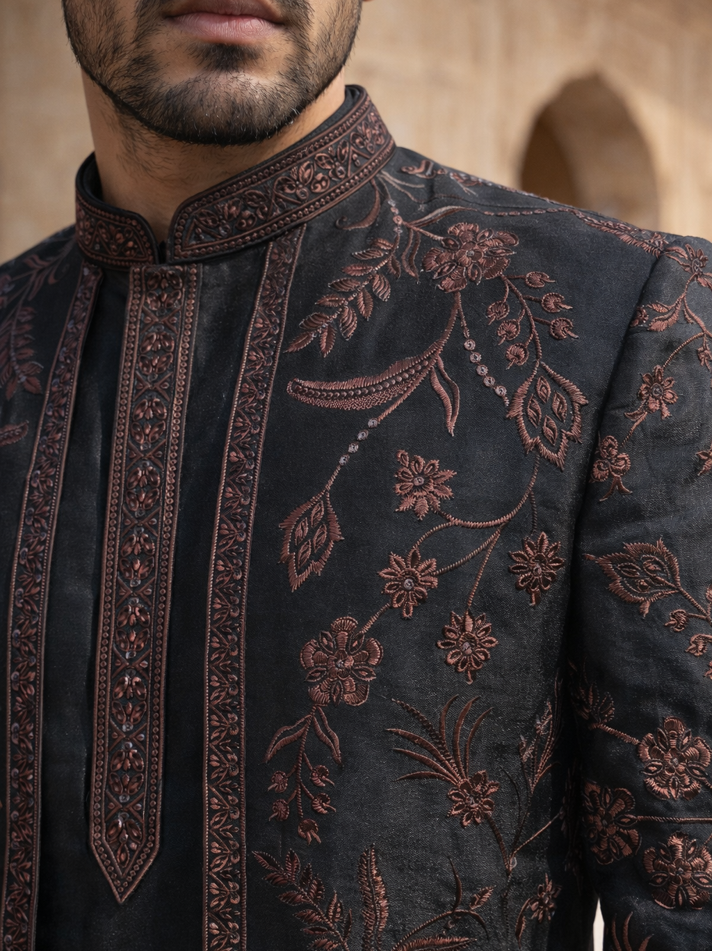 Men Embroidered Cotton Blend Indo-Western Set ( 50JIND 134Black S )
