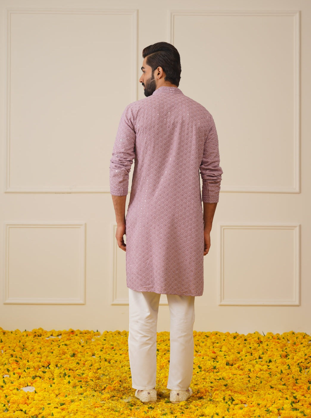 Men Purple Chikankari Embroidered and Sequence Kurta Only