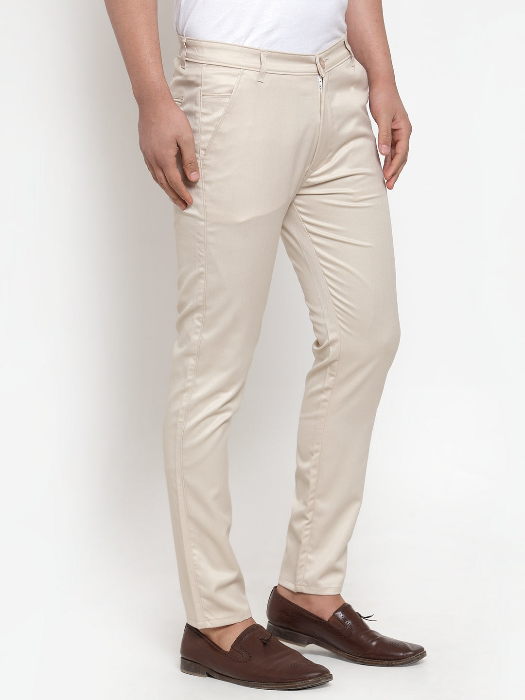 Indian Needle Men's Cream Solid Formal Trousers ( FGP 253Cream )