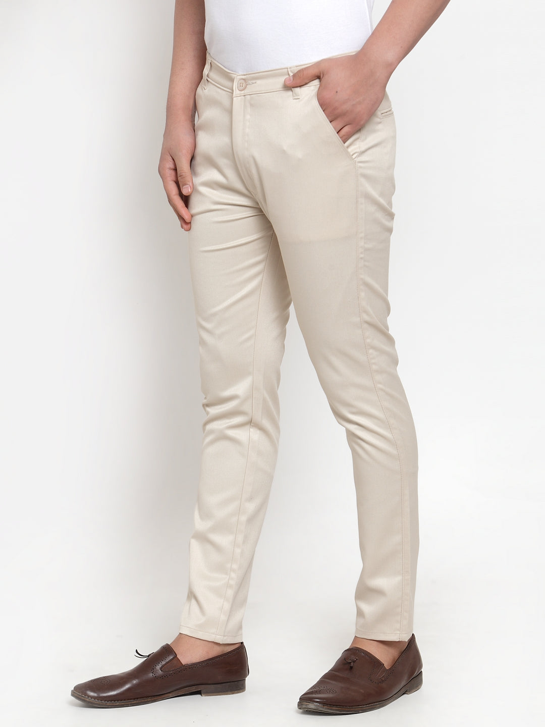 Indian Needle Men's Cream Solid Formal Trousers ( FGP 253Cream )