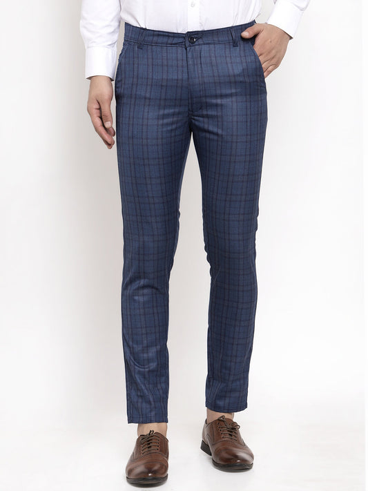Indian Needle Men's Navy Cotton Checked Formal Trousers ( GP 259Navy-Blue )