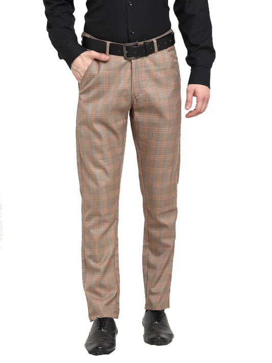 Indian Needle Men's Brown Cotton Checked Formal Trousers ( FGP 267Brown )