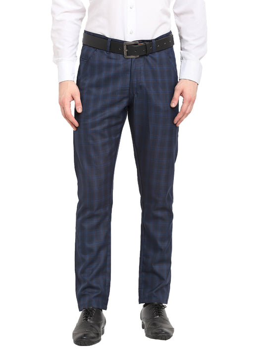 Indian Needle Men's Navy Blue Cotton Checked Formal Trousers ( FGP 267Navy )