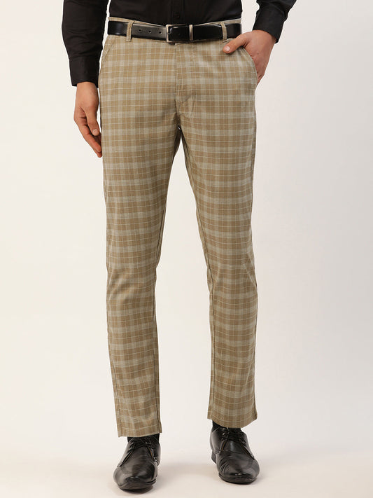 Indian Needle Men's Beige Tartan Checked Formal Trousers ( FGP 271Beige )