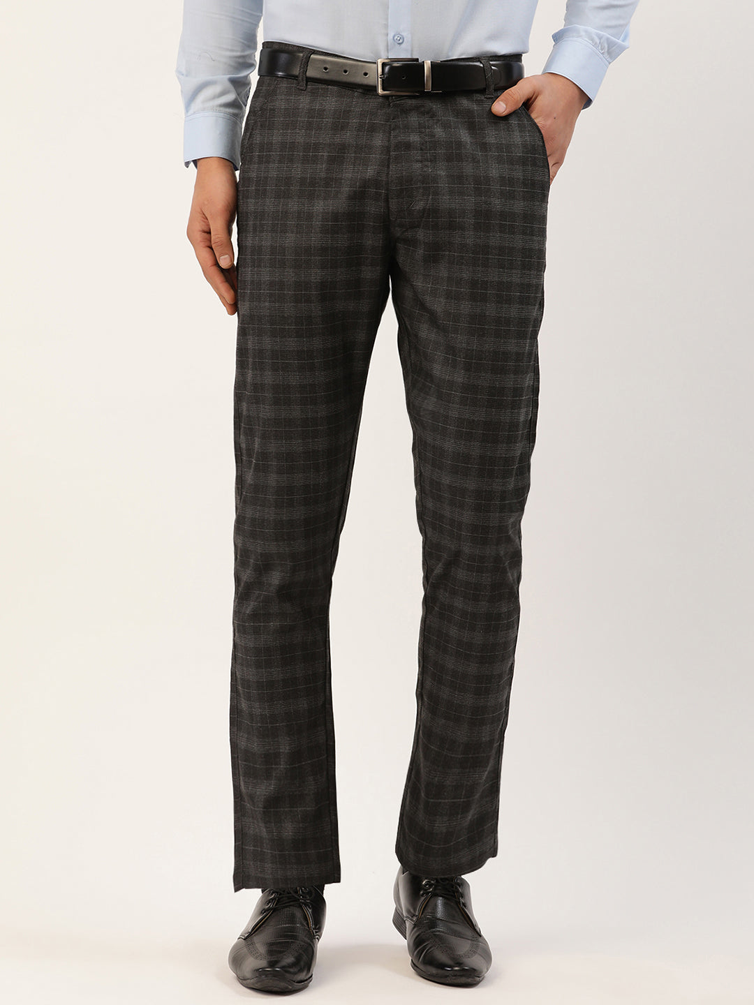 Indian Needle Men's Black Tartan Checked Formal Trousers ( FGP 271Black )