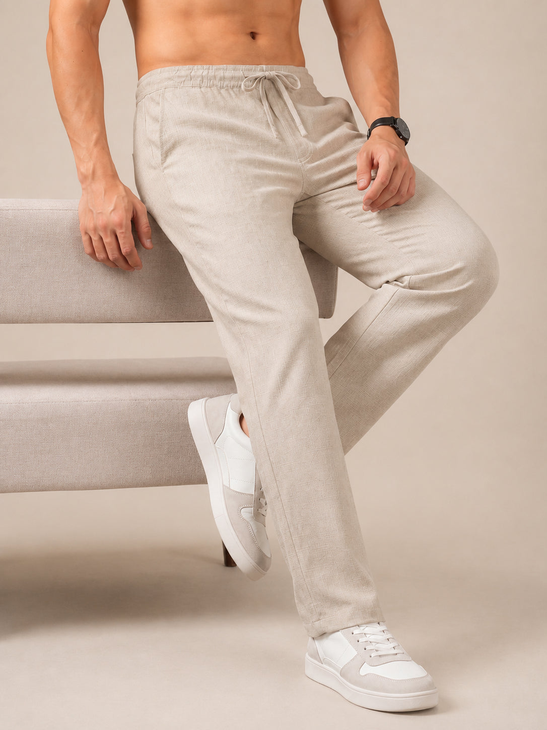 Linen Relaxed-Fit Regular Trousers for Men ( RDGP 306Cream )