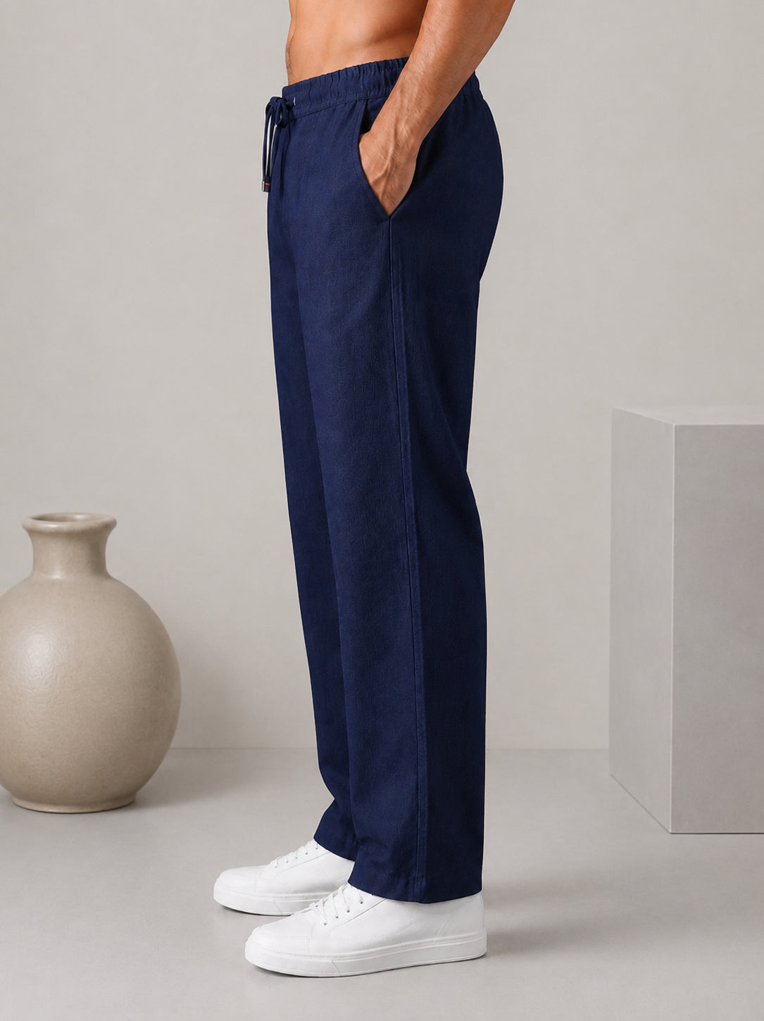 Linen Relaxed-Fit Regular Trousers for Men ( RDGP 306Navy )