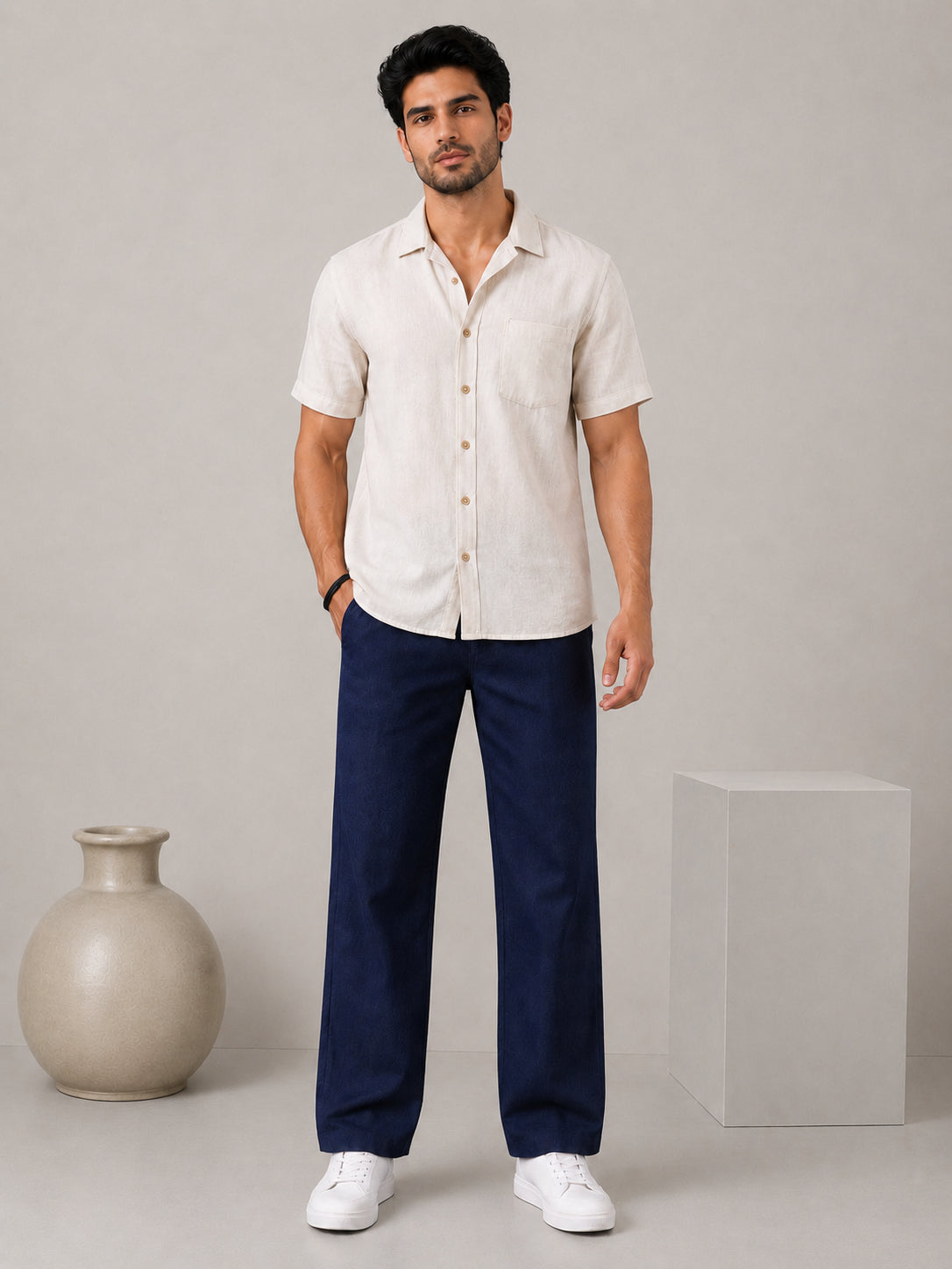 Linen Relaxed-Fit Regular Trousers for Men ( RDGP 306Navy )
