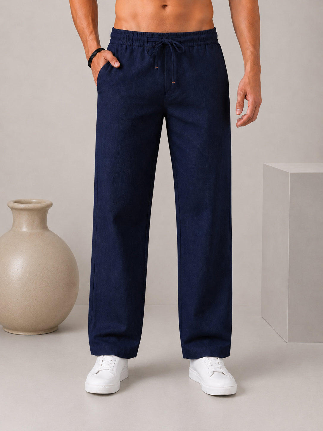 Linen Relaxed-Fit Regular Trousers for Men ( RDGP 306Navy )