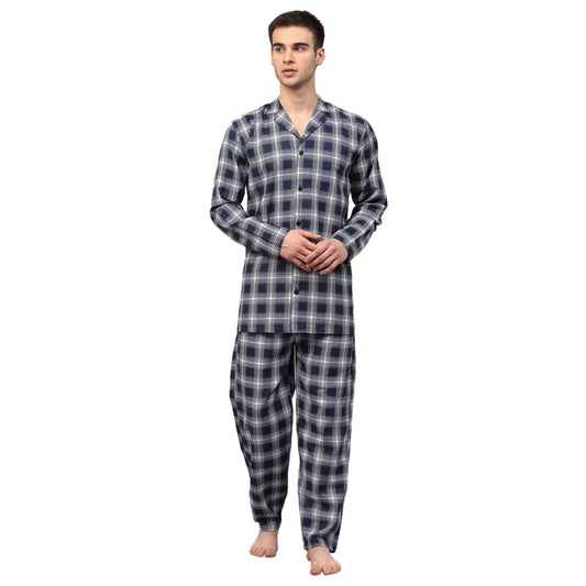 Indian Needle Men's Navy Blue Checked Night Suits ( GNS 001Navy-White )