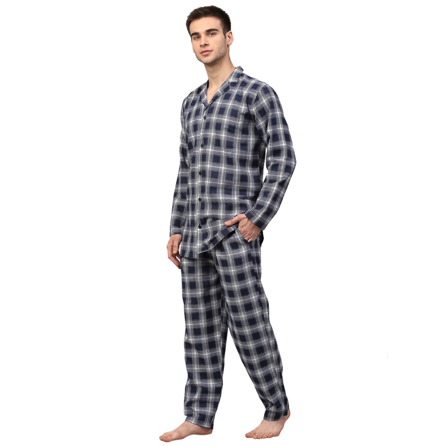 Indian Needle Men's Navy Blue Checked Night Suits ( GNS 001Navy-White )