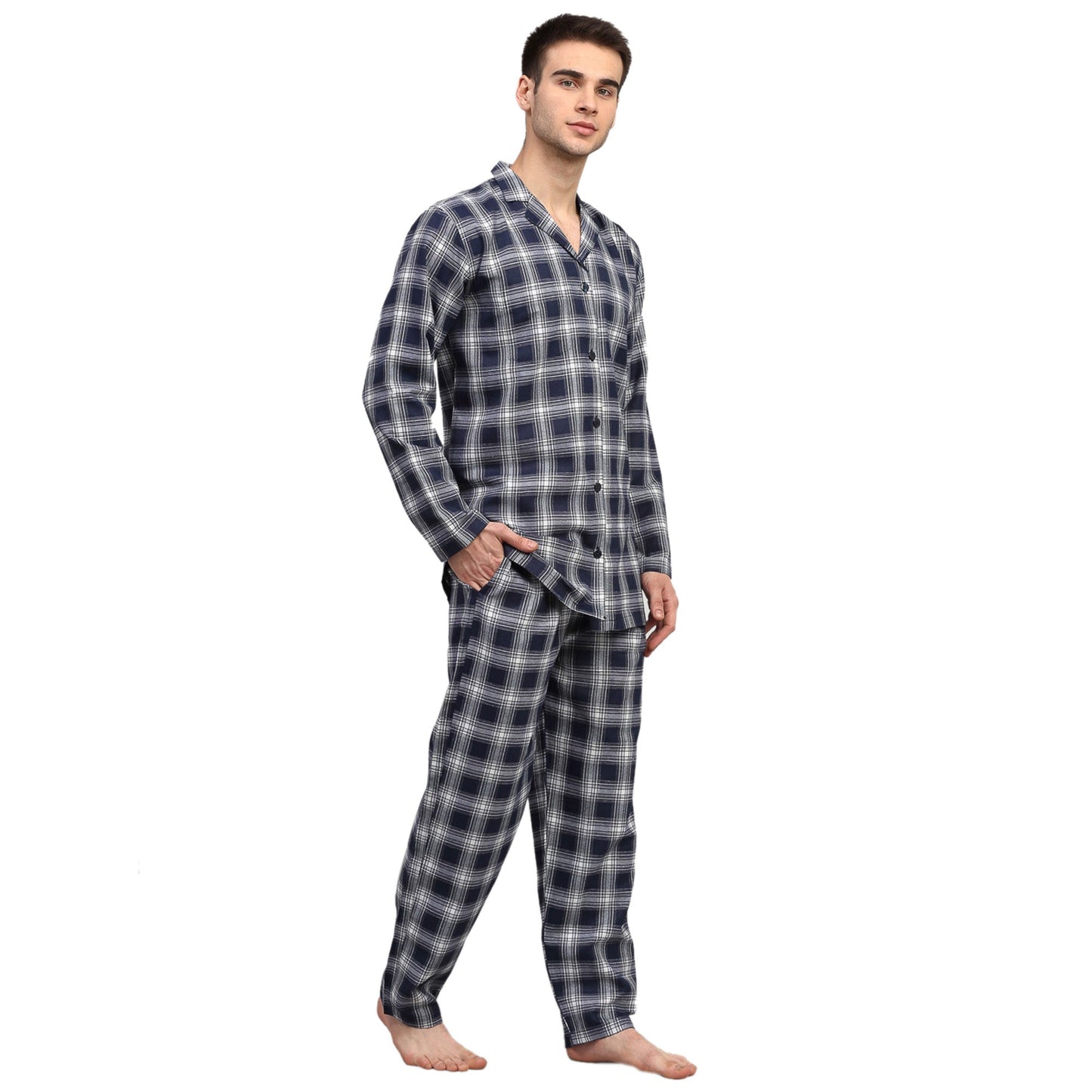 Indian Needle Men's Navy Blue Checked Night Suits ( GNS 001Navy-White )