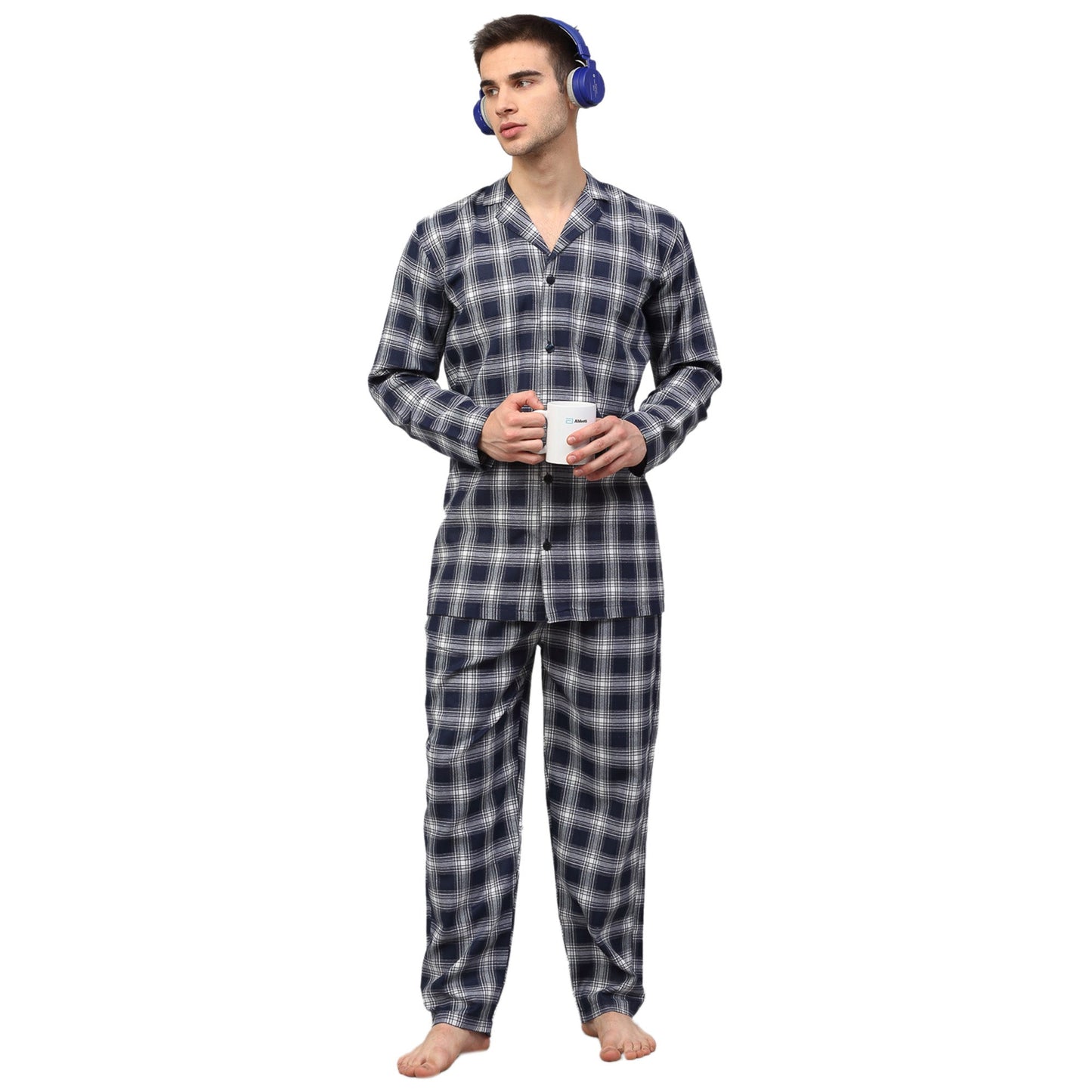 Indian Needle Men's Navy Blue Checked Night Suits ( GNS 001Navy-White )