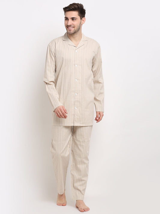 Indian Needle Men's Cream Cotton Striped Night Suits ( GNS 002Cream )