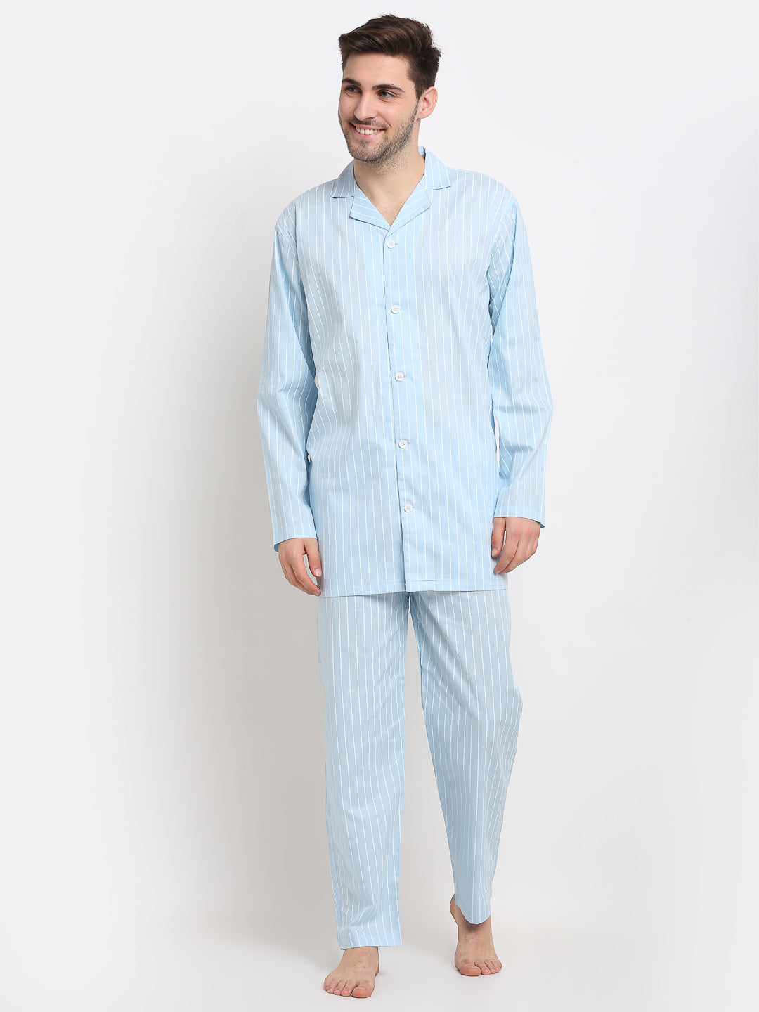Indian Needle Men's Sky Cotton Striped Night Suits ( GNS 002Sky )