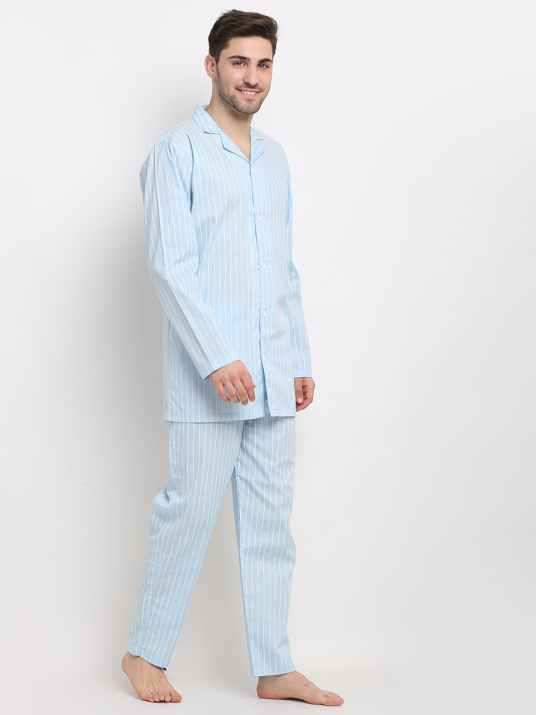 Indian Needle Men's Sky Cotton Striped Night Suits ( GNS 002Sky )