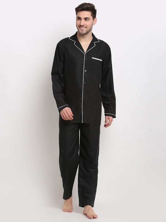 Indian Needle Men's Black Cotton Solid Night Suits ( GNS 003Black )