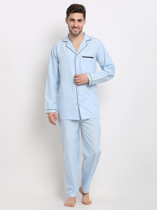 Indian Needle Men's Sky Cotton Solid Night Suits ( GNS 003Sky )