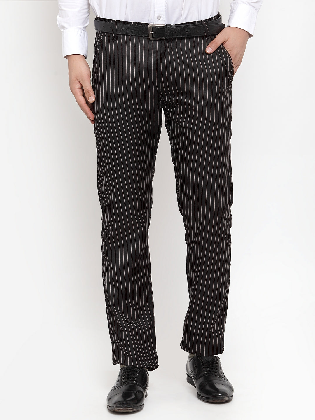 Indian Needle Men's Black Cotton Striped Formal Trousers ( FGP 255Black )
