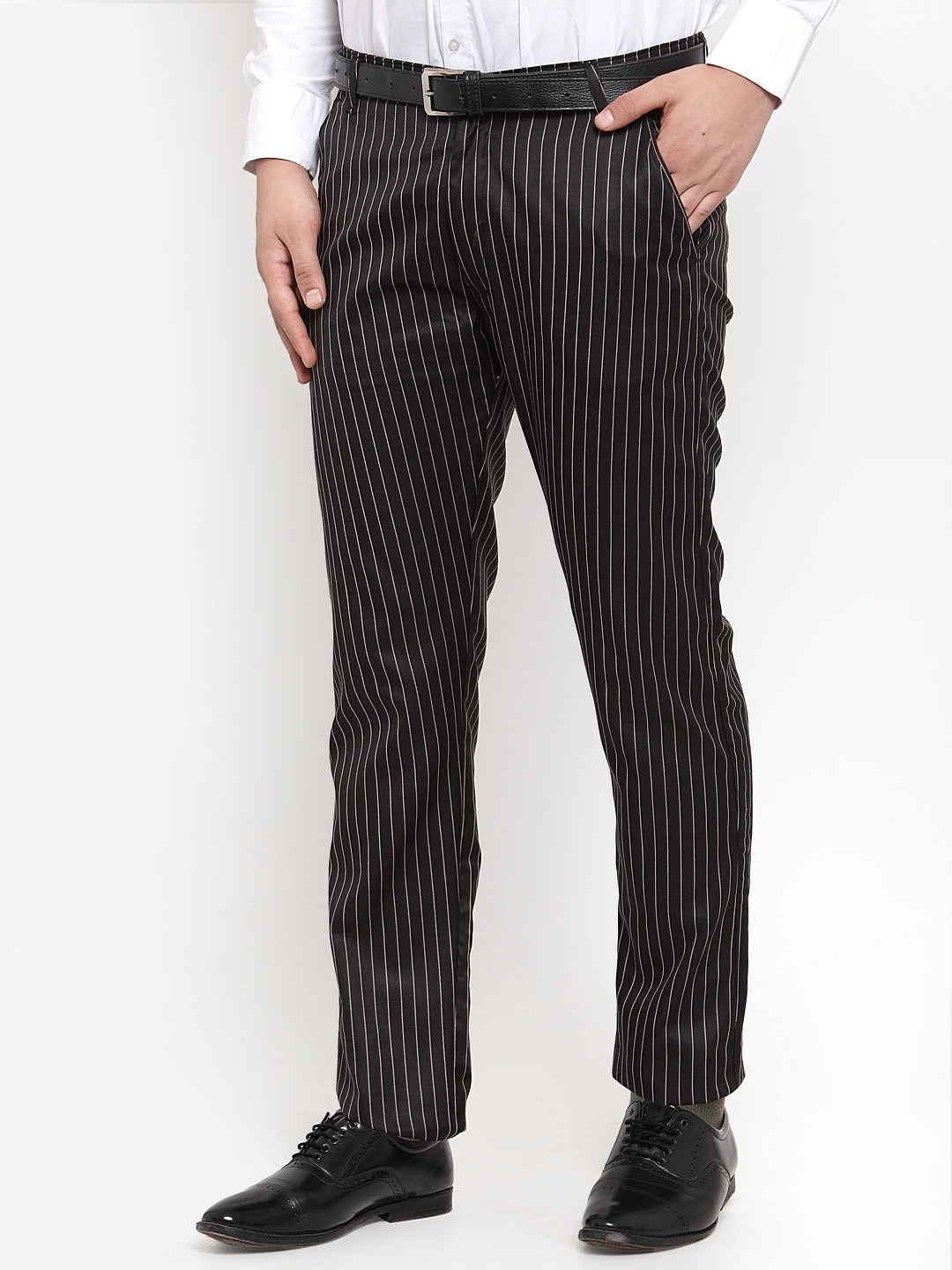 Indian Needle Men's Black Cotton Striped Formal Trousers ( FGP 255Black )