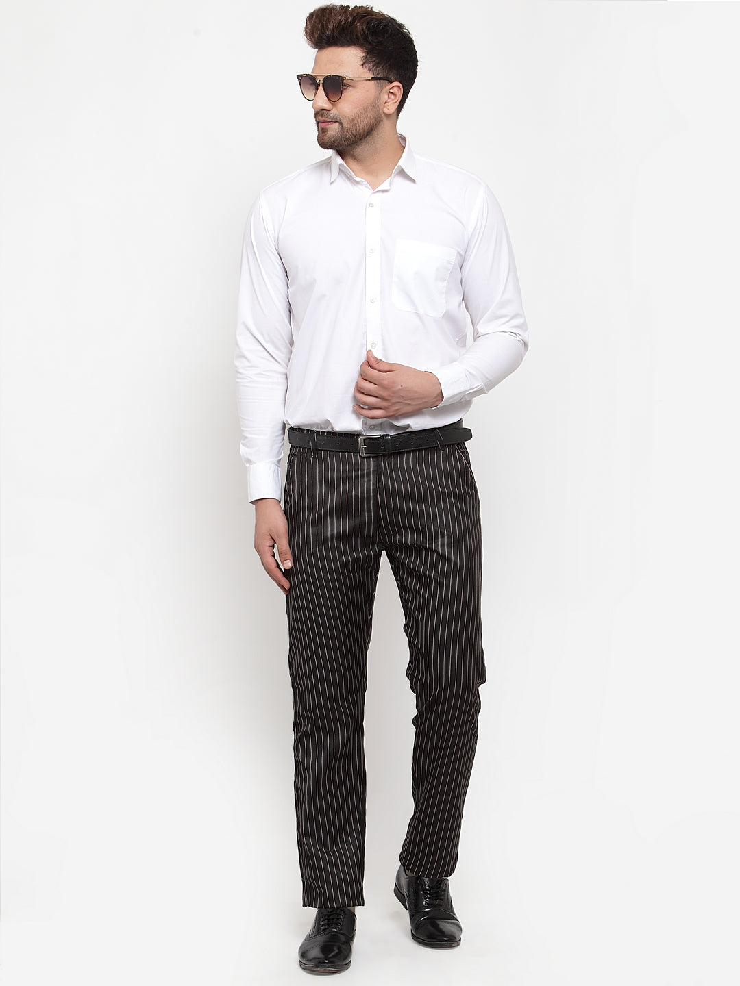 Indian Needle Men's Black Cotton Striped Formal Trousers ( FGP 255Black )