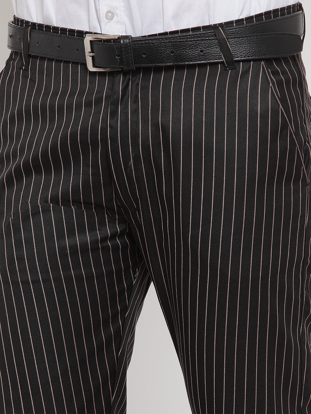Indian Needle Men's Black Cotton Striped Formal Trousers ( FGP 255Black )