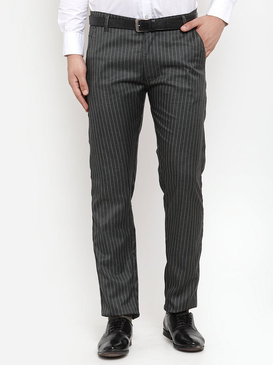 Indian Needle Men's Green Cotton Striped Formal Trousers ( FGP 255Olive )