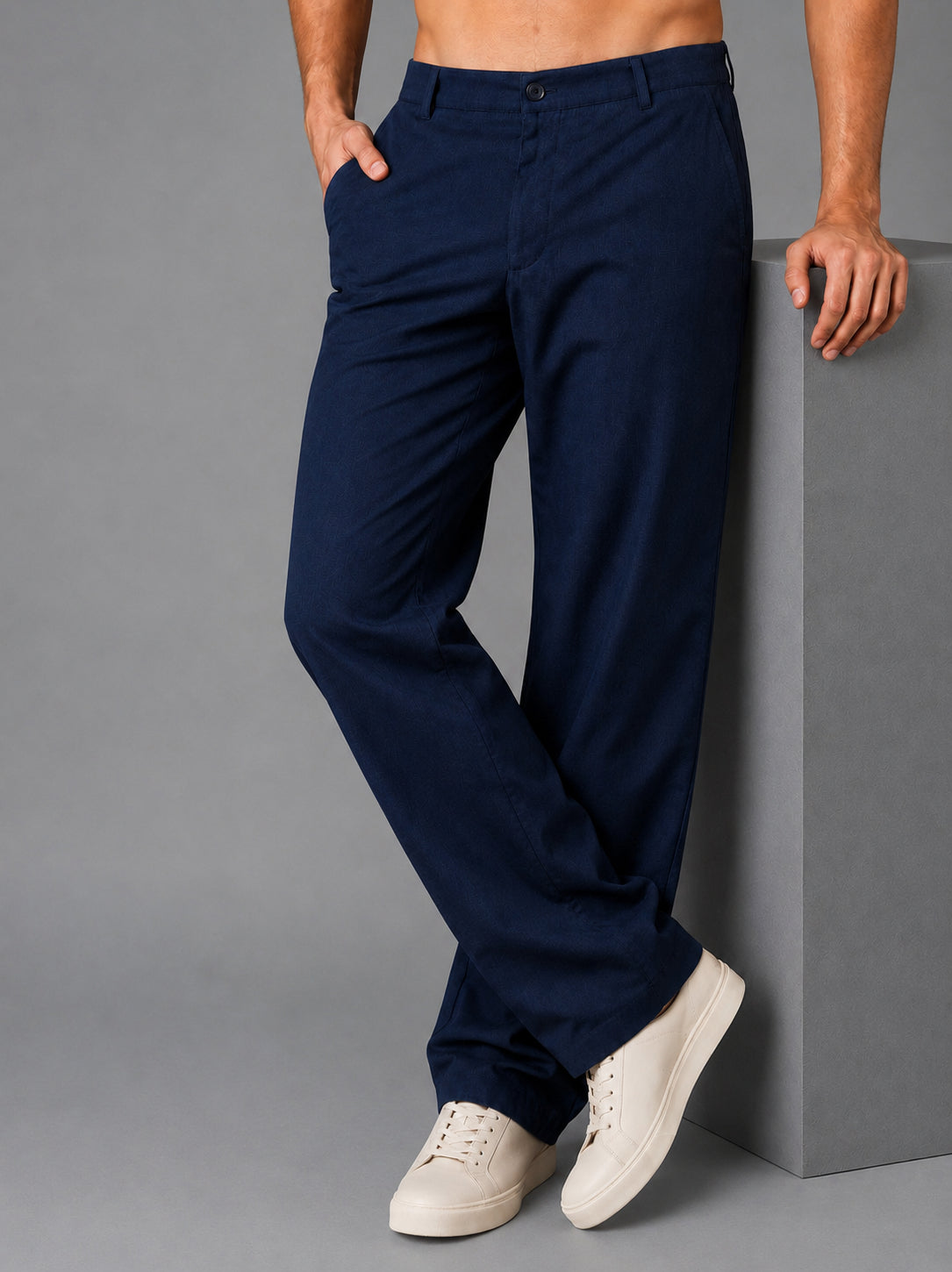 Linen Relaxed-Fit Regular Trousers for Men ( J-GP 308Navy )
