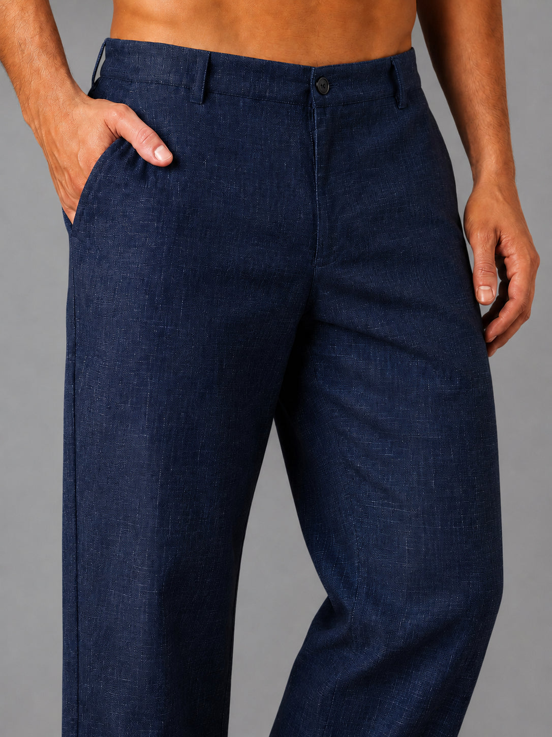 Linen Relaxed-Fit Regular Trousers for Men ( J-GP 308Navy )