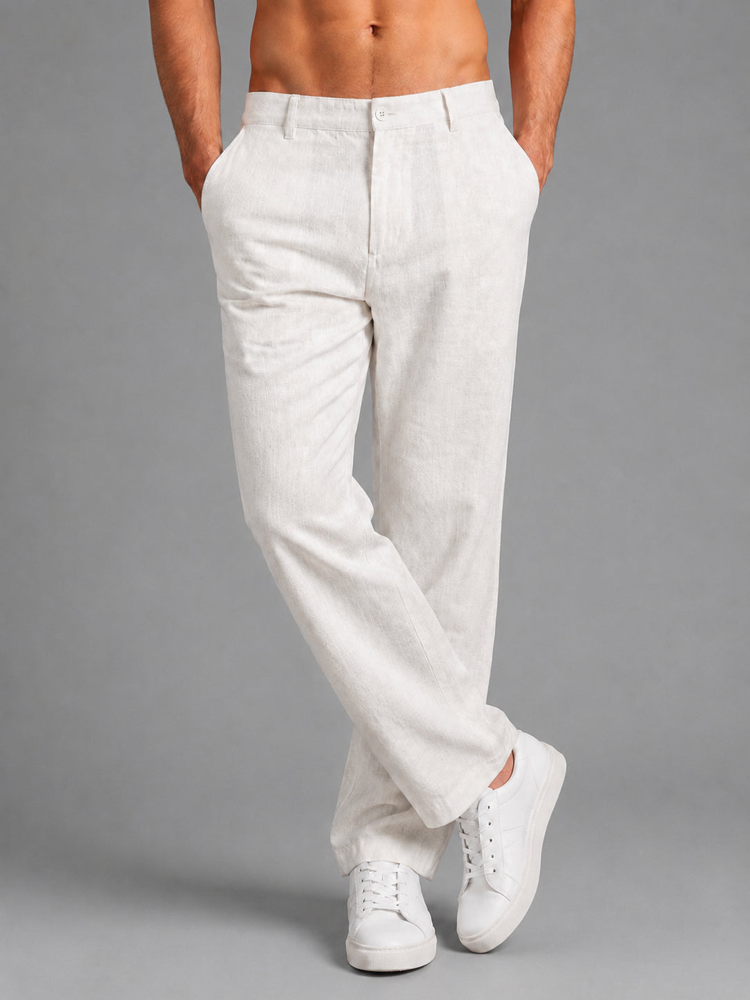 Linen Relaxed-Fit Regular Trousers for Men ( J-GP 308White )